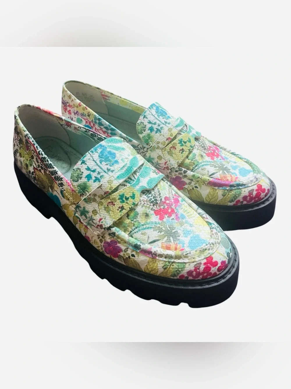 Franco Sarto Balin Floral Faux Leather Penny Loafers Chunky Lug Sole Size 6.5